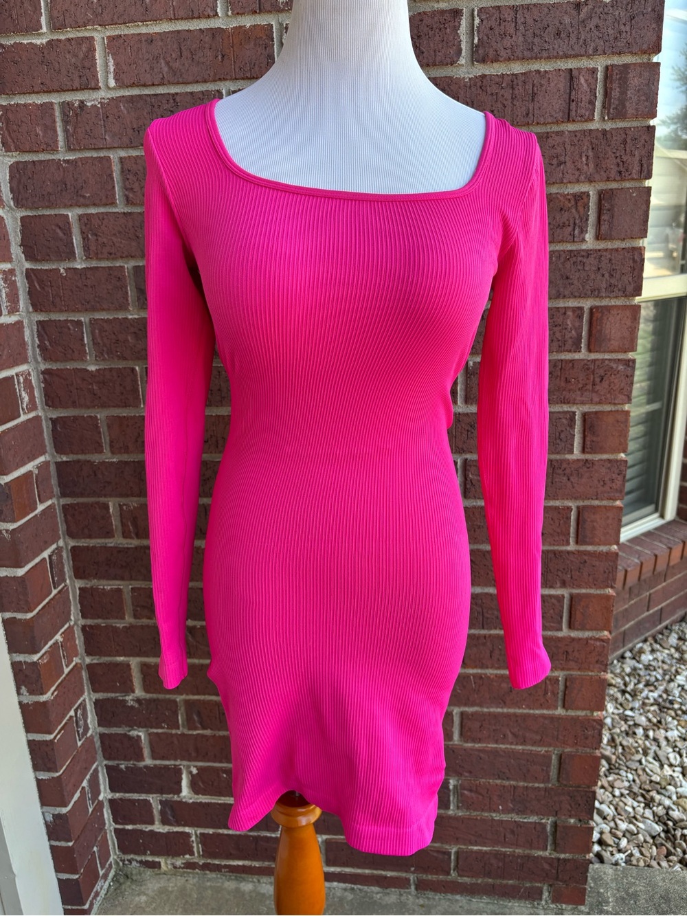 Hot Pink Ribbed Long-Sleeve Scoop Neck Dress